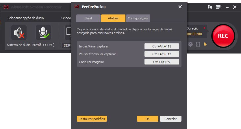 ajustar teclas de atalho screen recorder