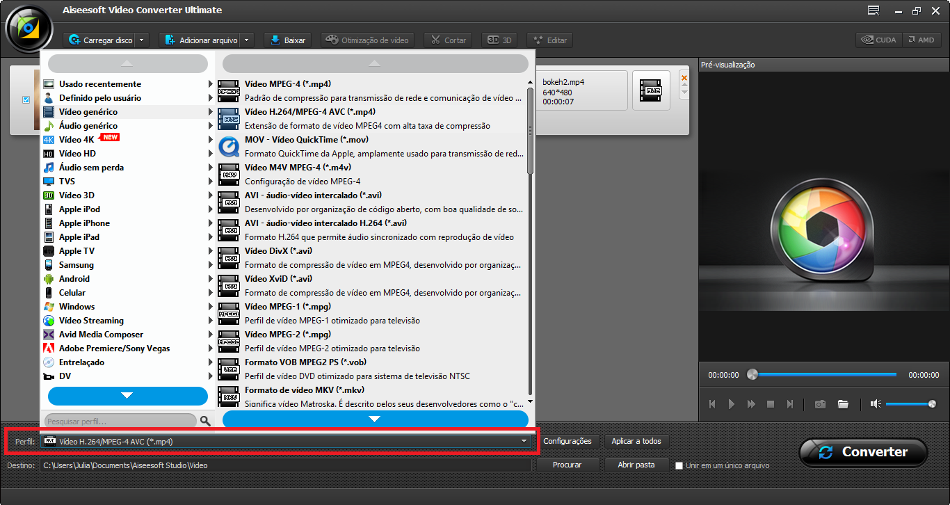 Selecionar o perfil de conversão MPEG